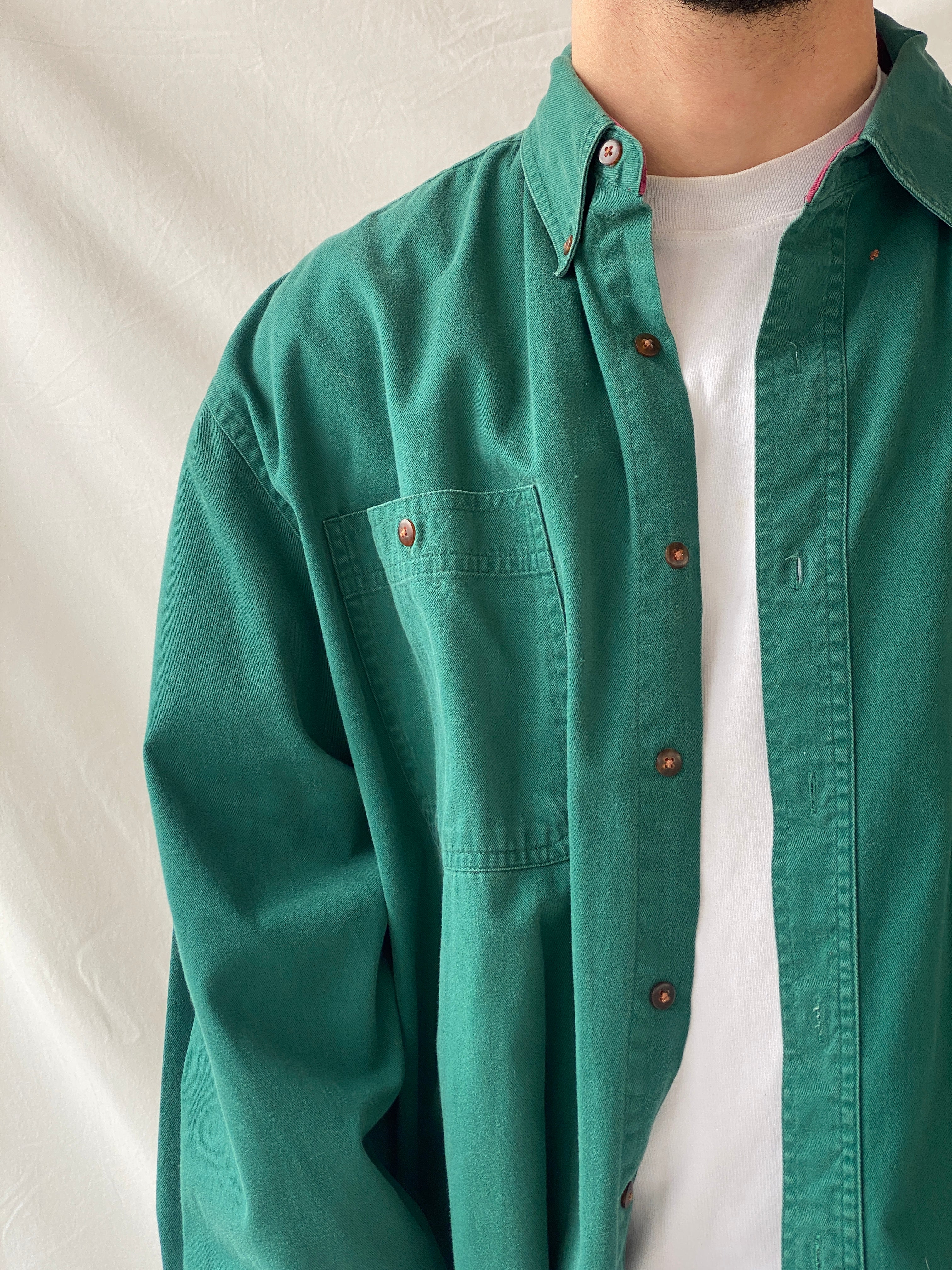 Vintage 90s Great Land Apparel Men’s Green Cotton Long Sleeve Shirt - XL
