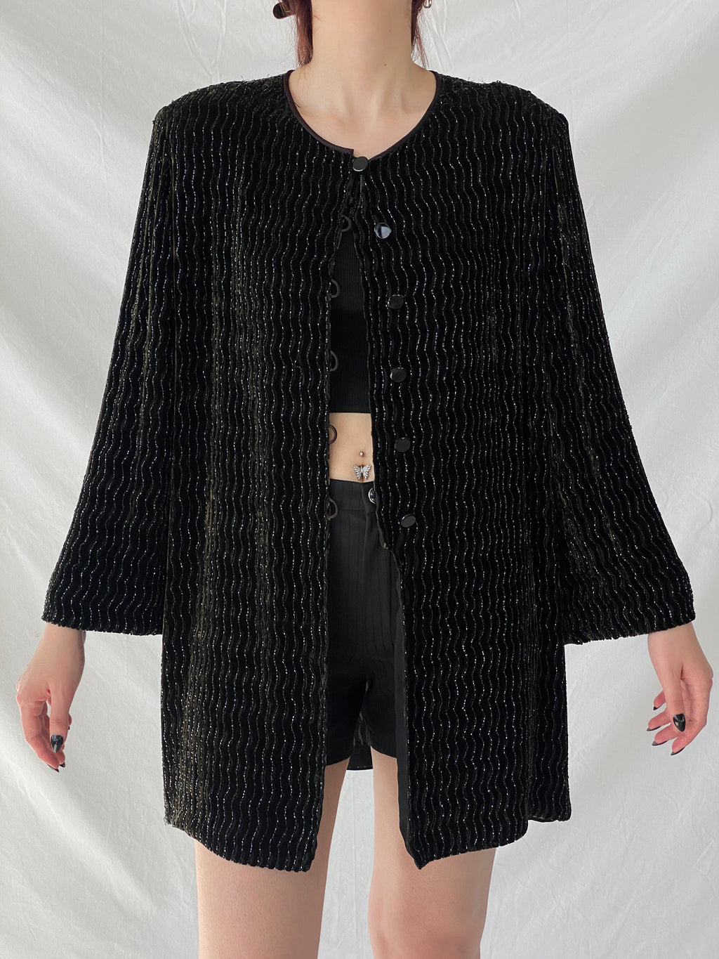 Vintage 80s Rickie Freeman for Teri Jon Nite Dark Green Black Beaded Blazer Silk Blend Party Jacket - L