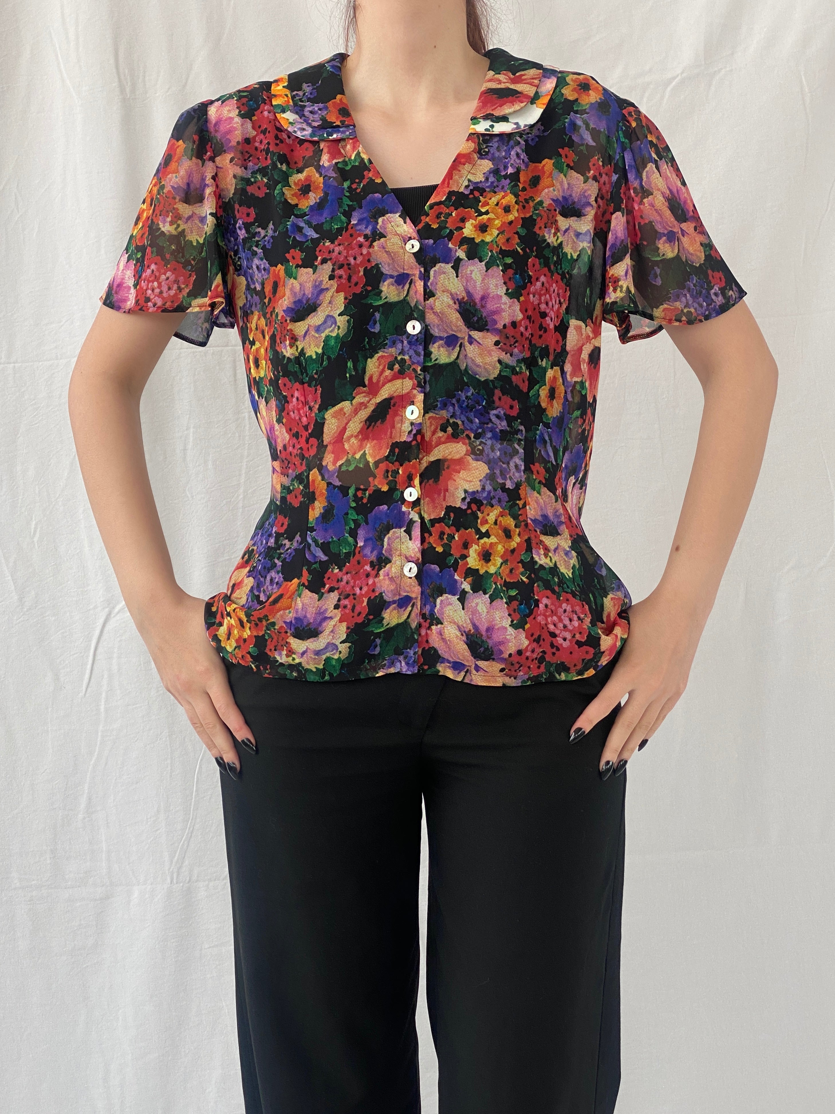 Vintage 90s Anne Lewis Sheer Floral Women’s Short Puff Sleeve Shirt - M