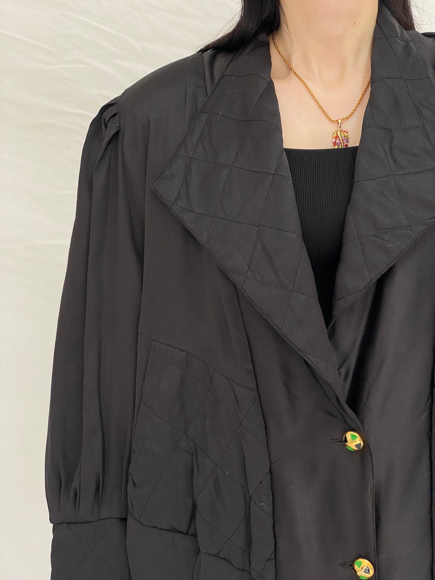 Vintage Black Quilted Puffer Oversized Fit Jacket with Gold Buttons - L