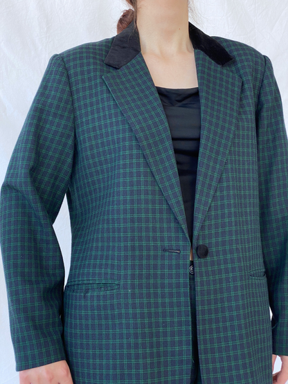 Vintage LESLIE FAY Sportswear Black and Green Plaid Blazer Pants Power Suit Set - XL