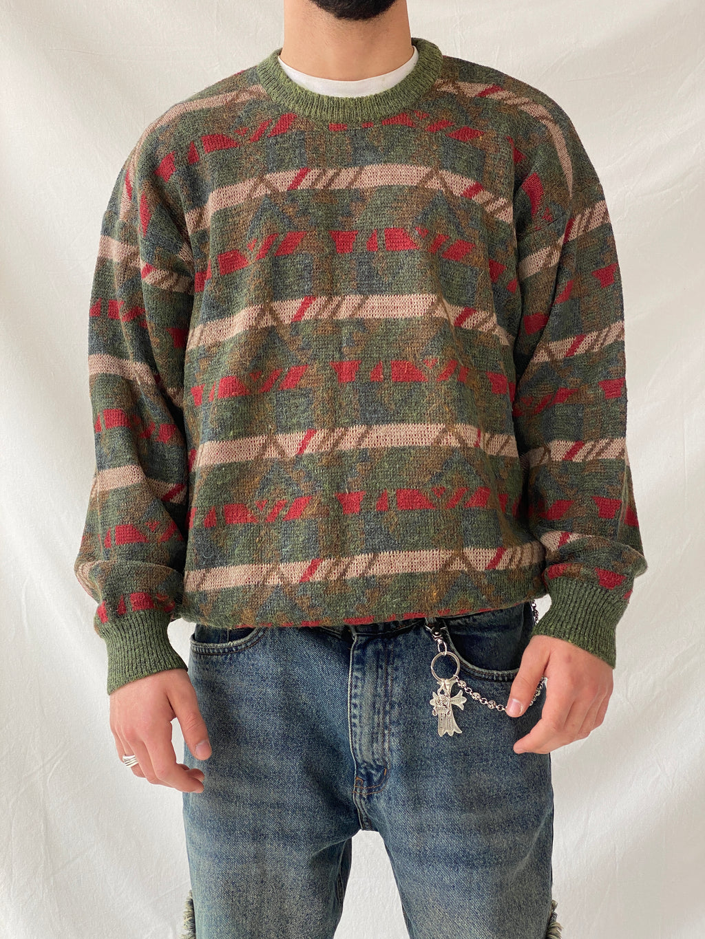 Vintage Charly Mach Men’s Green Jumper Striped Knitted Crew Neck Sweater - L