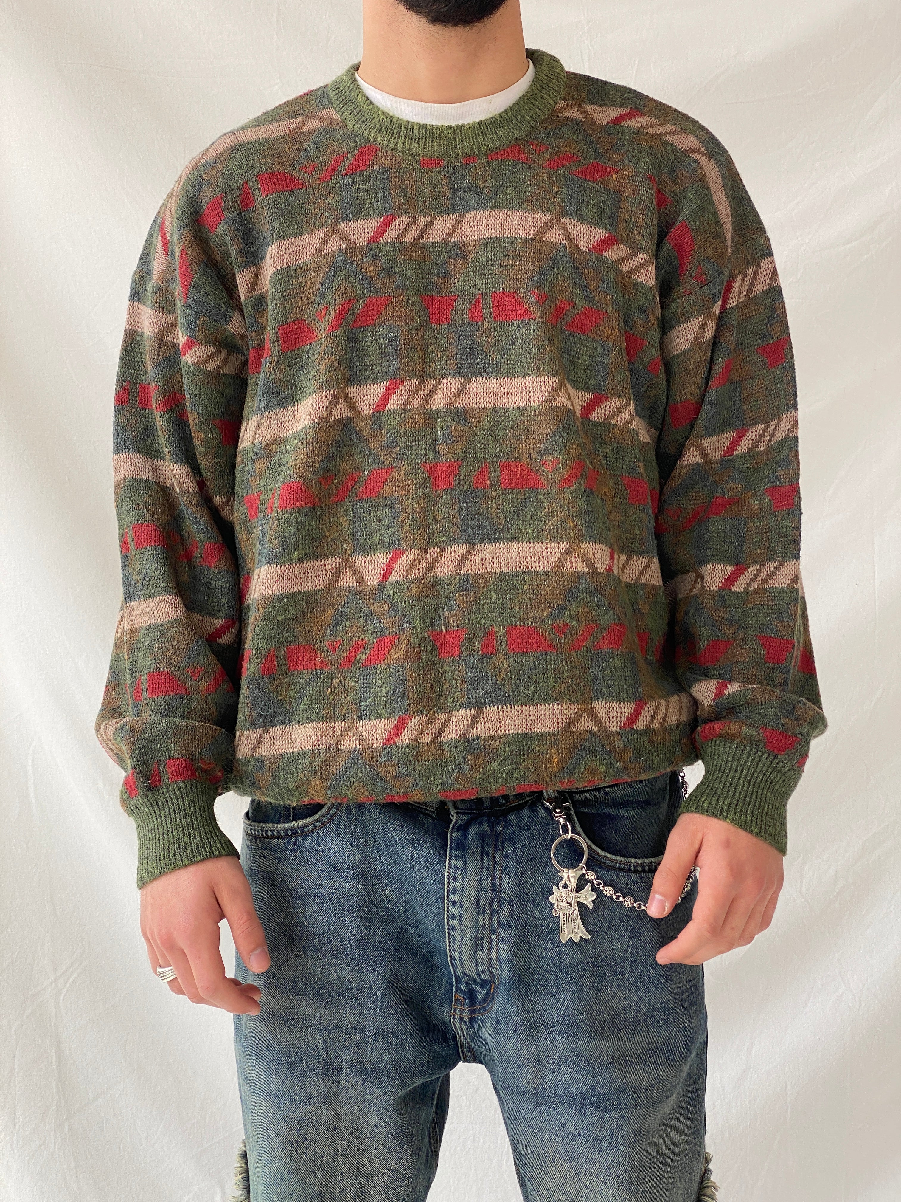 Vintage Charly Mach Men’s Green Jumper Striped Knitted Crew Neck Sweater - L