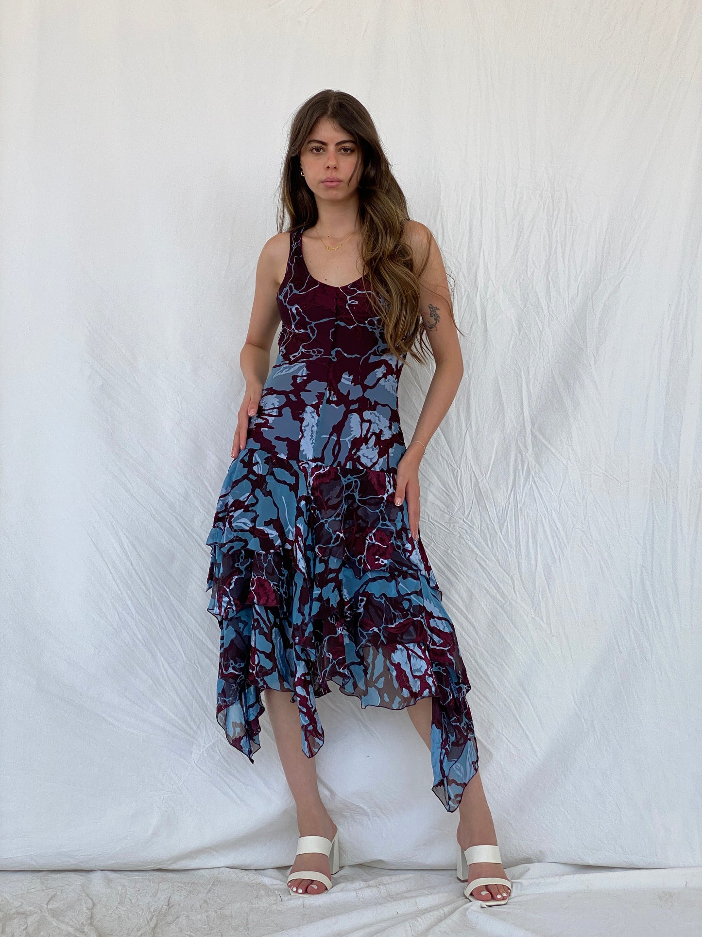 Vintage 90s Jeff Gallano Paris Layered Maroon and Blue Silk Dress - M