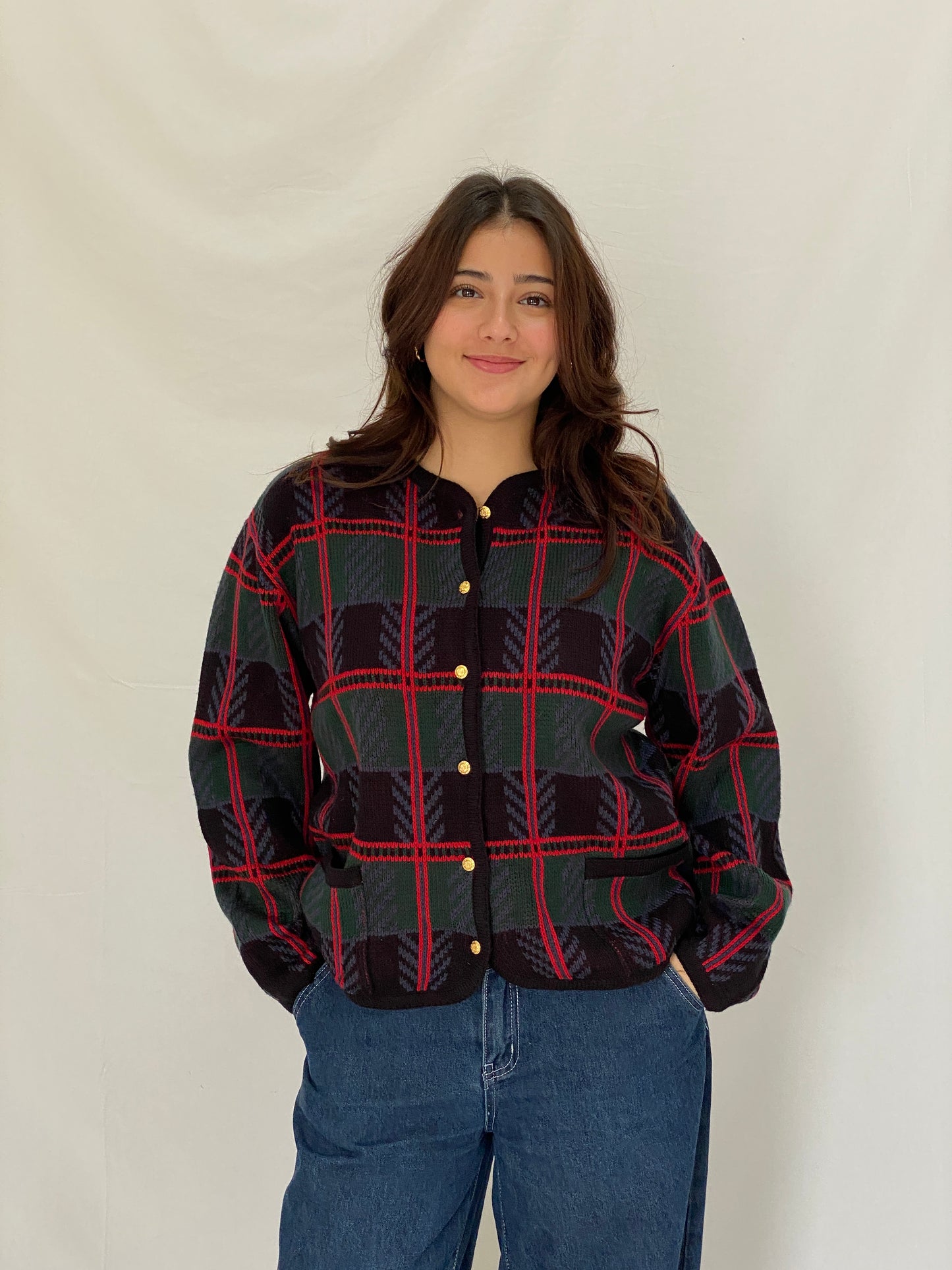 Vintage Crystal-Kobe 90s Plaid Knit Cardigan Black Green Red Gold Buttons - M