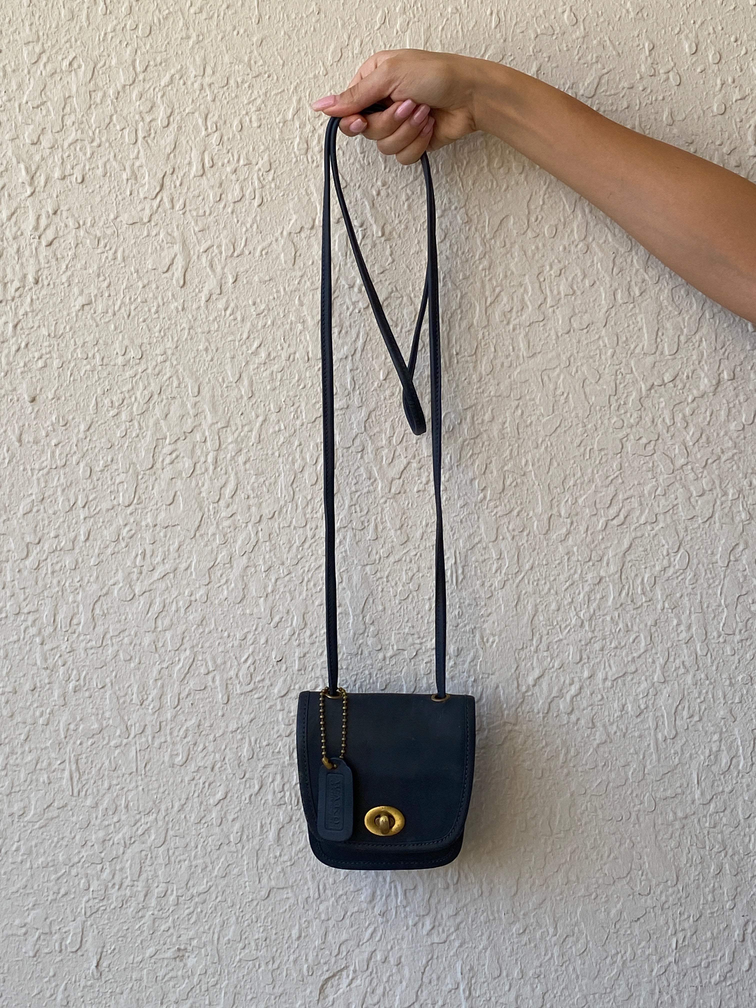 Vintage 80s WAKO Leather Work Dark Navy Mini Crossbody Bag with Extra Long Straps