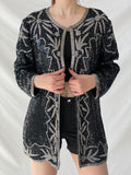 Vintage 80s Midnight Run Black Silver Sequin Beaded Silk Blazer Sparkle Party Jacket - XL