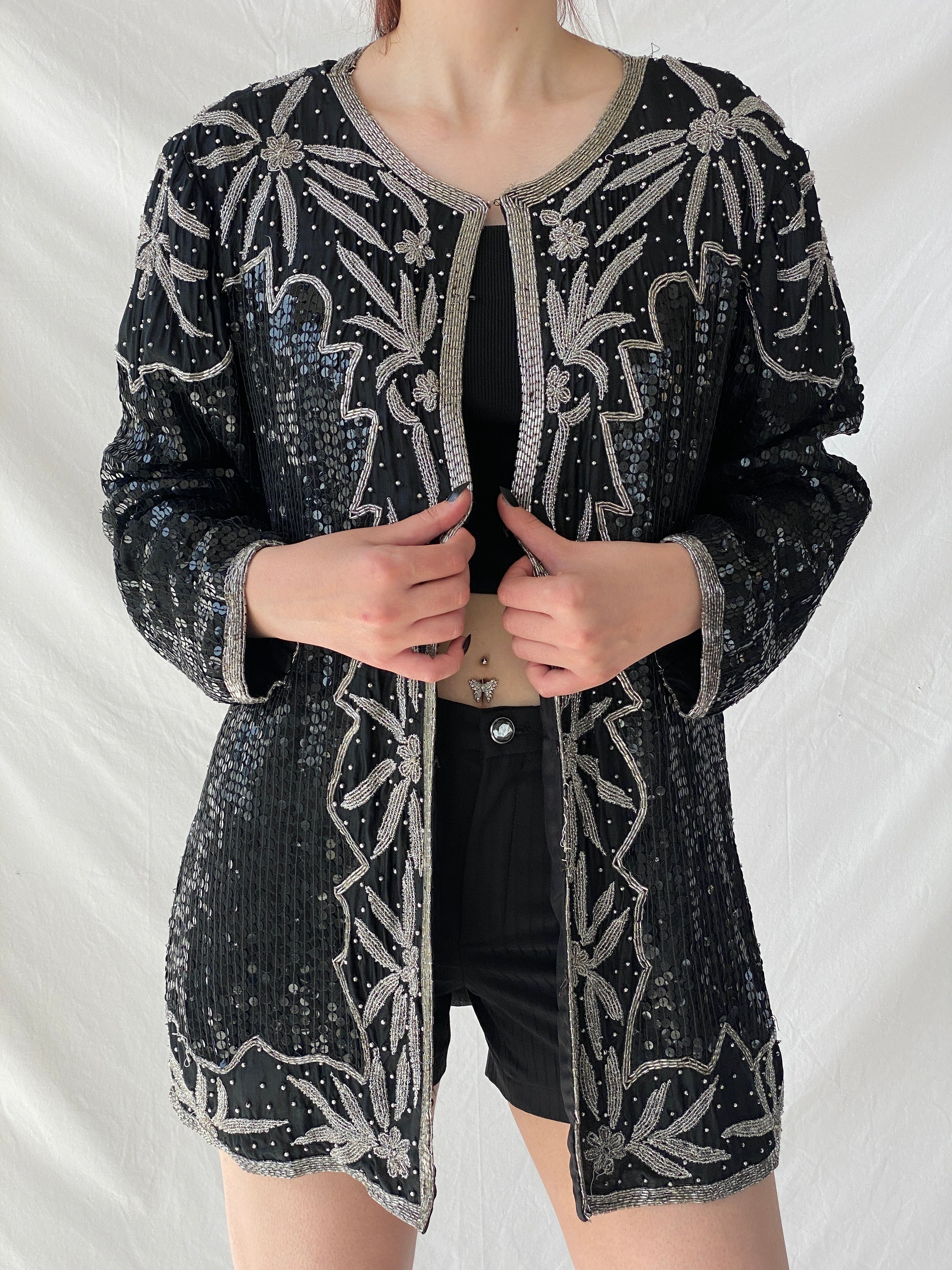 Vintage 80s Midnight Run Black Silver Sequin Beaded Silk Blazer Sparkle Party Jacket - XL