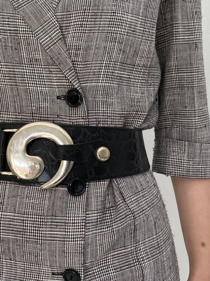 Vintage Croc Embossed Leather Statement Belt with Oversized Silver Buckle