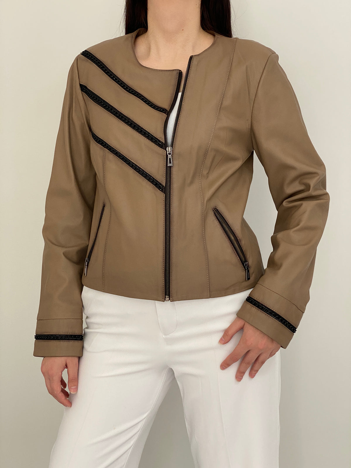 Vintage Y2K Gian Mori Classic Taupe Genuine Leather Zip-Up Jacket - L