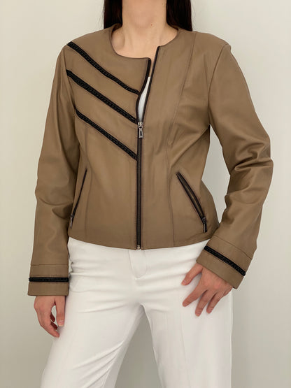 Vintage Y2K Gian Mori Classic Taupe Genuine Leather Zip-Up Jacket - L