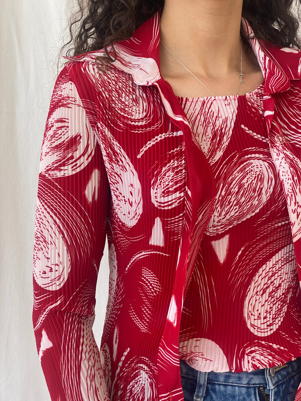 Vintage Jiabin Pleated Red & White Top & Cardigan Women’s Set - M