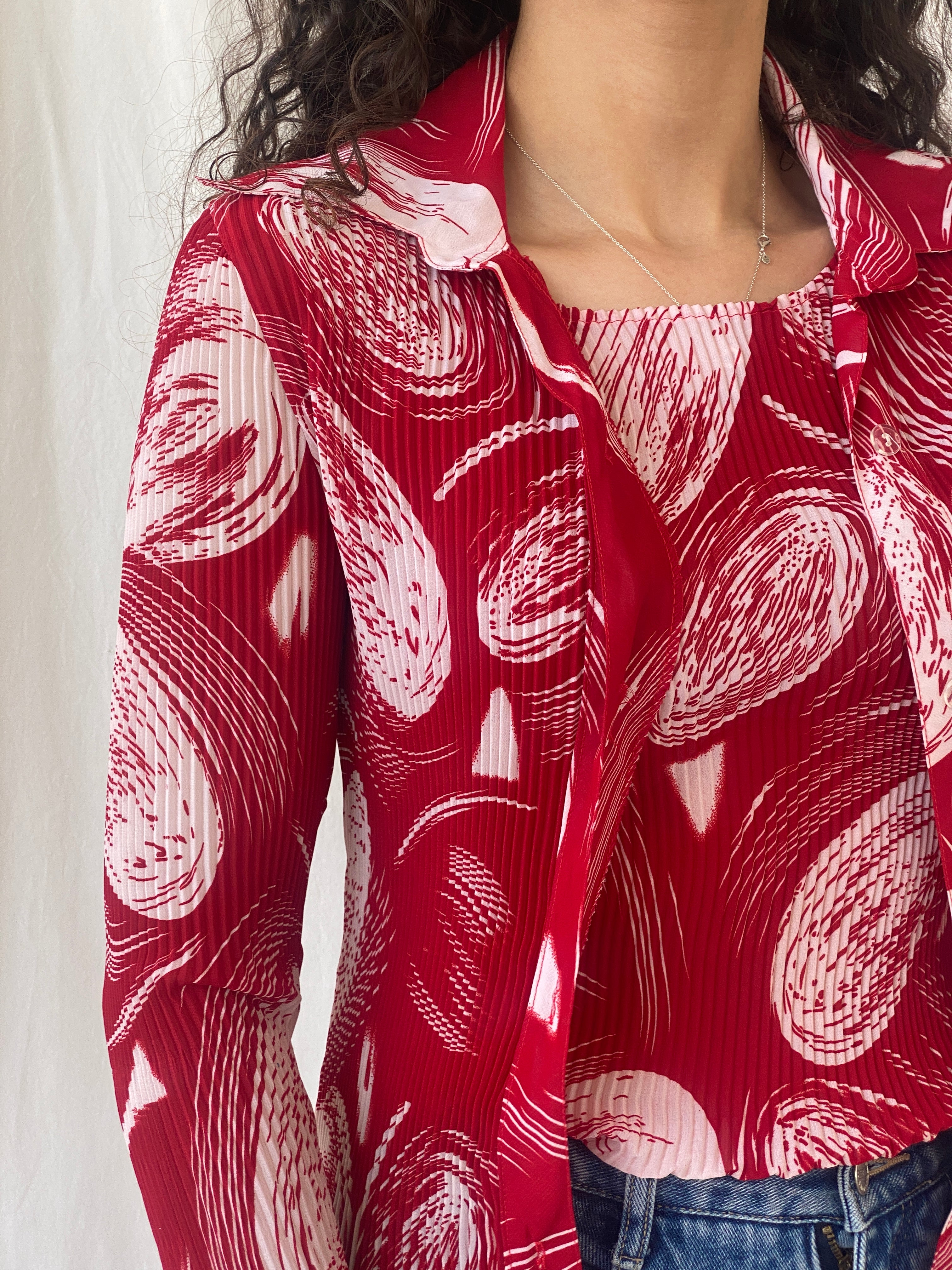 Vintage Jiabin Pleated Red & White Top & Cardigan Women’s Set - M