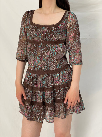 Vintage Y2K Pimkie Brown Floral Babydoll Mini Dress Sheer Cottagecore Boho Dress - M