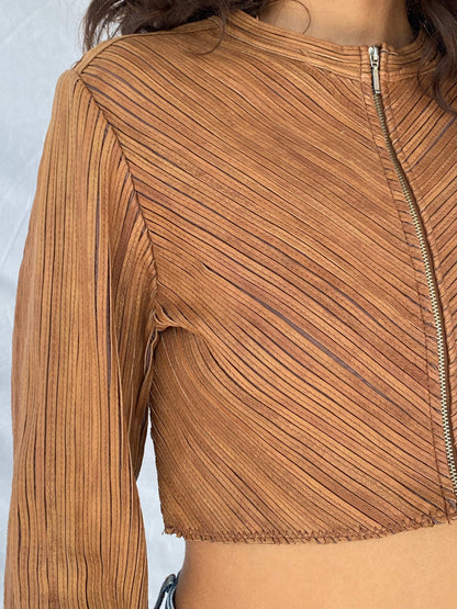 Vintage Brown Genuine Leather Zip Up Crop Top - Size S - Balagan Vintage Full Sleeve Top 90s, full sleeve top, Tojan, winter