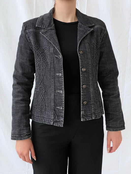 Vintage Minuet Embellished Washed Black Women’s Padded Denim Blazer - L