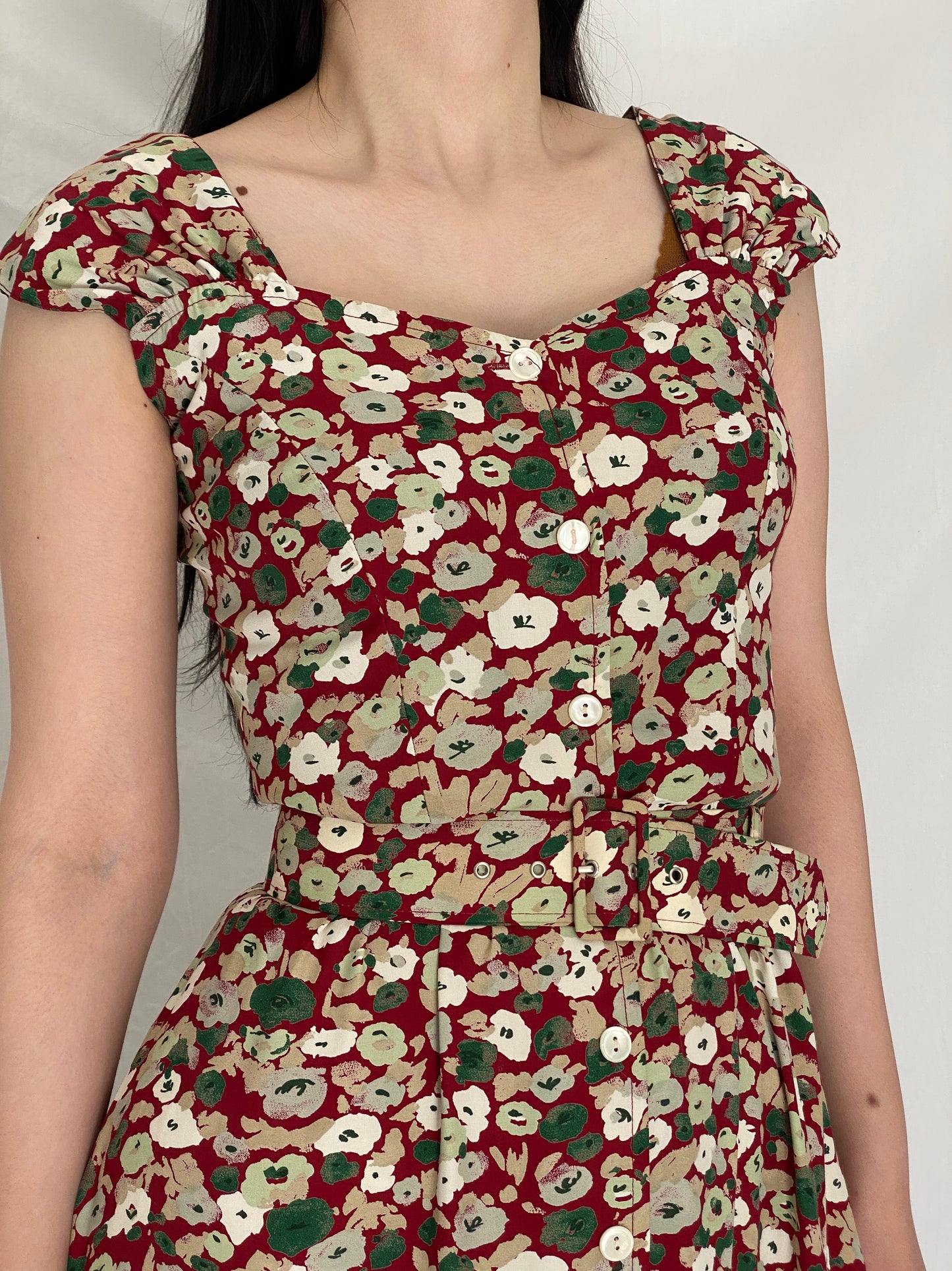 Romantic Vintage Magnolia Red Floral Button-Front Belted Midi Dress – S