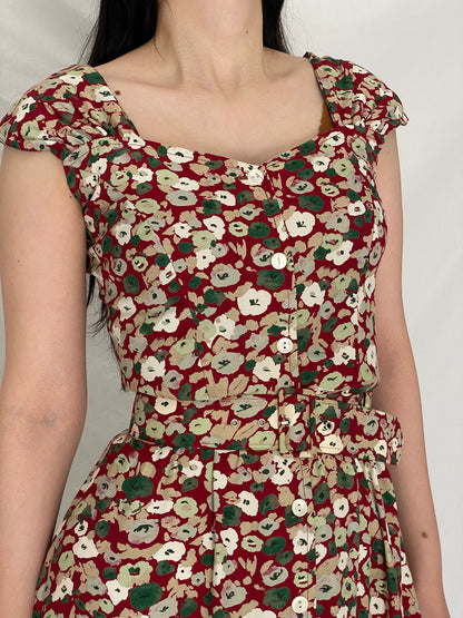 Romantic Vintage Magnolia Red Floral Button-Front Belted Midi Dress – S