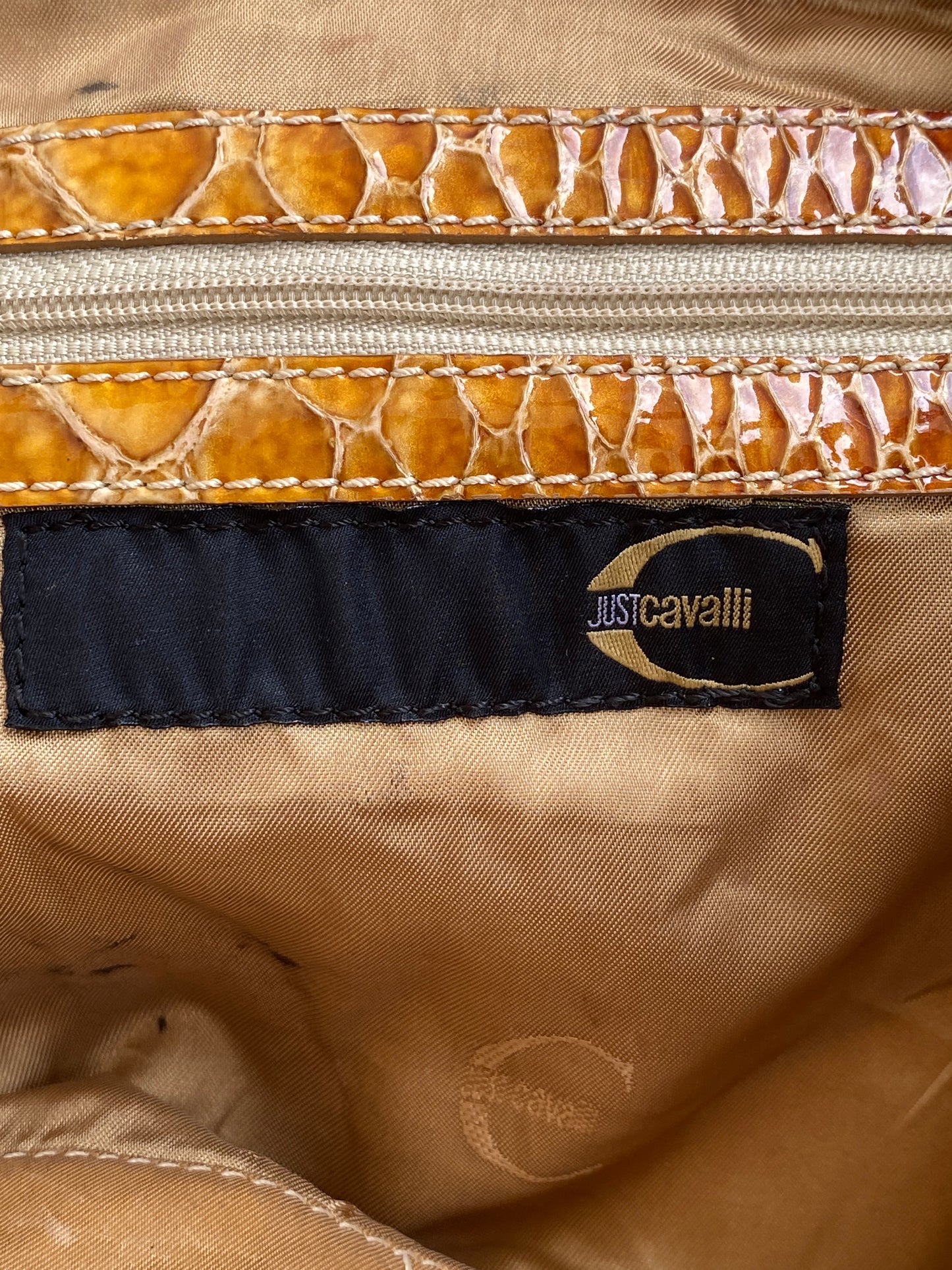 Statement Y2K Just Cavalli Graphic Print Canvas & Leather Shoulder Bag