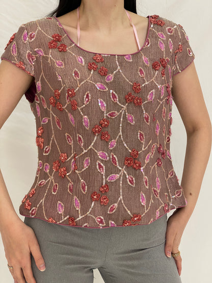 Vintage Raffaello Floral Embellished Beaded Party Top Embroidered Pink Evening Blouse – L