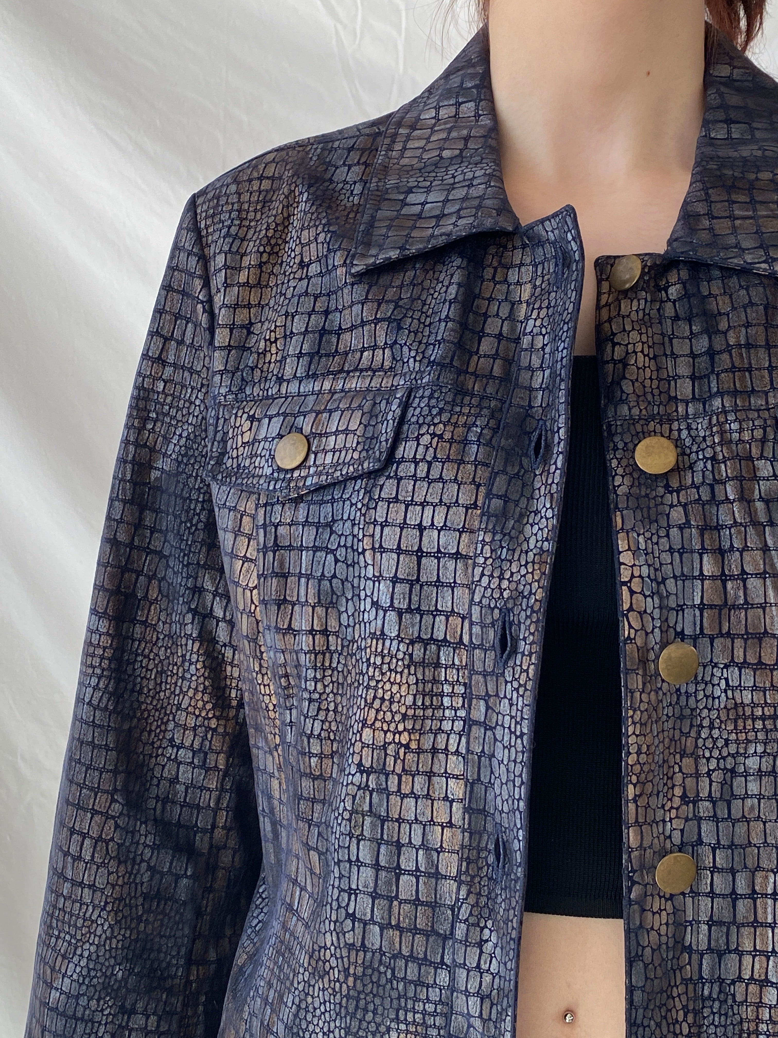 Vintage Bamboo Traders Petite Metallic Denim Snake Print Women’s Buttoned Blazer Jacket - L