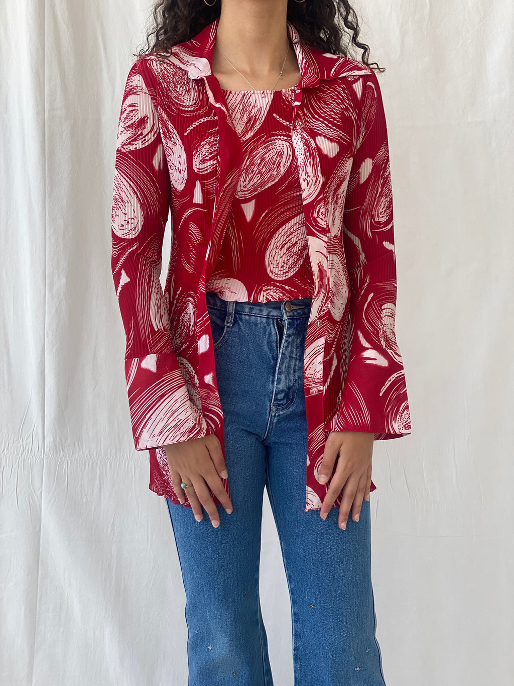 Vintage Jiabin Pleated Red & White Top & Cardigan Women’s Set - M