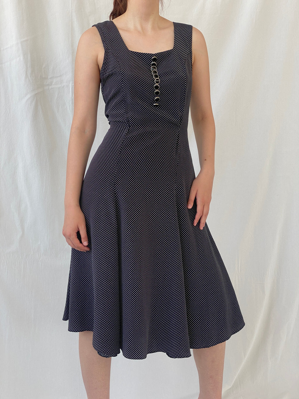 Vintage Handmade Black and White Polka Dots Sleeveless Midi Dress - S