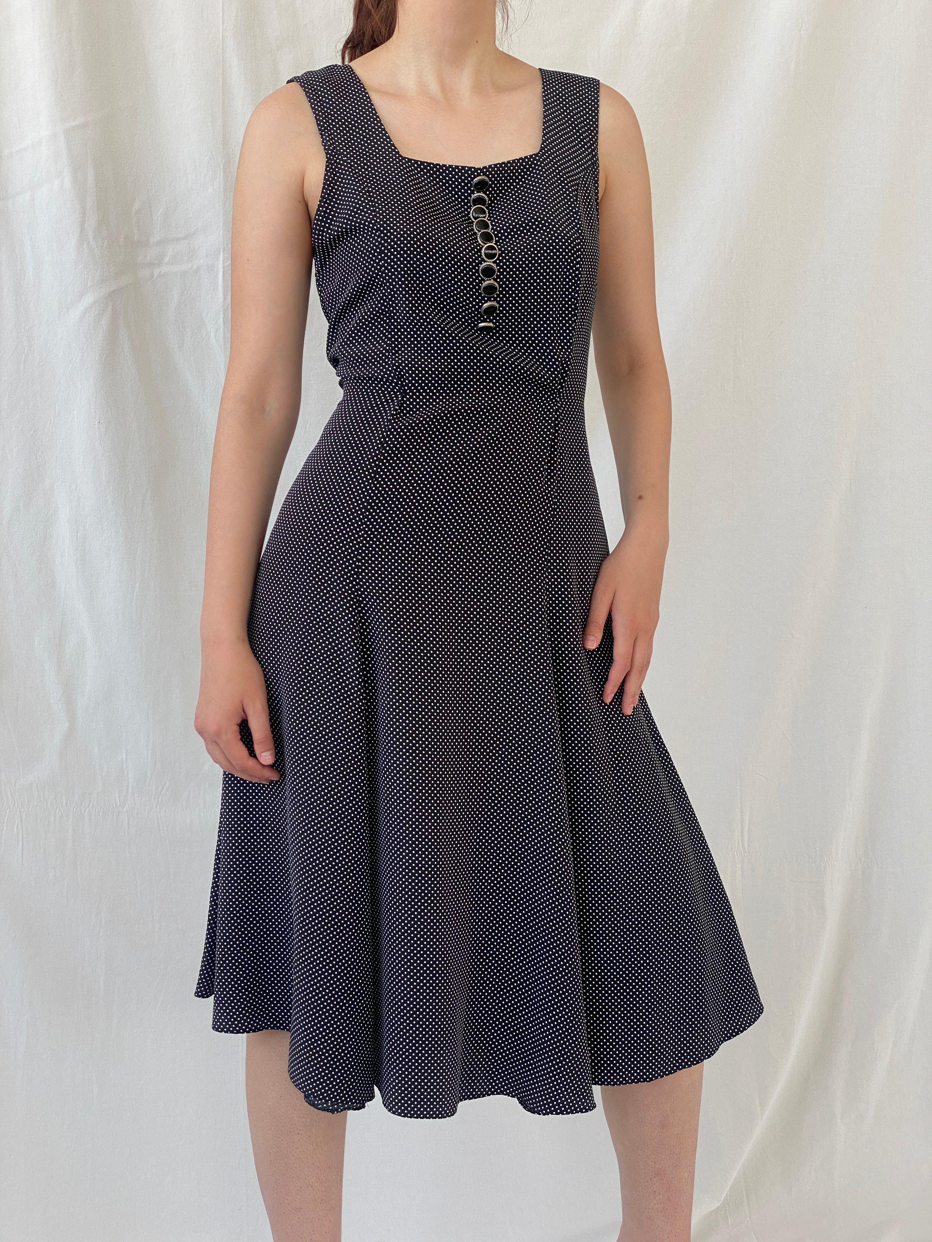 Vintage Handmade Black and White Polka Dots Sleeveless Midi Dress - S