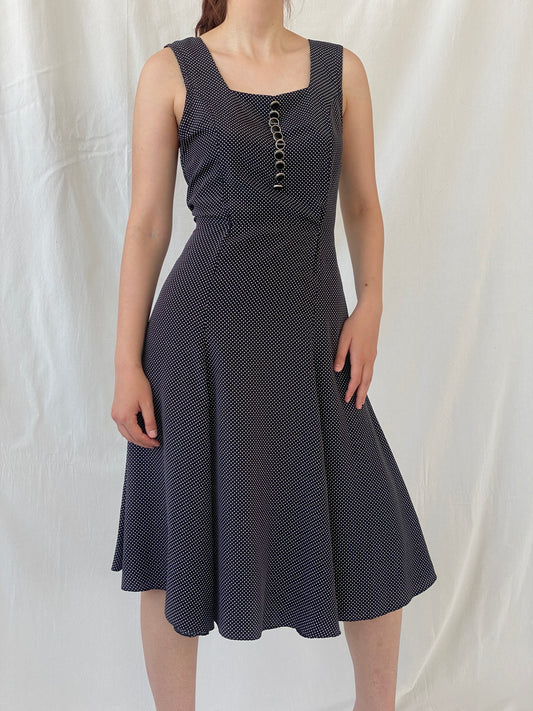 Vintage Handmade Black and White Polka Dots Sleeveless Midi Dress - S