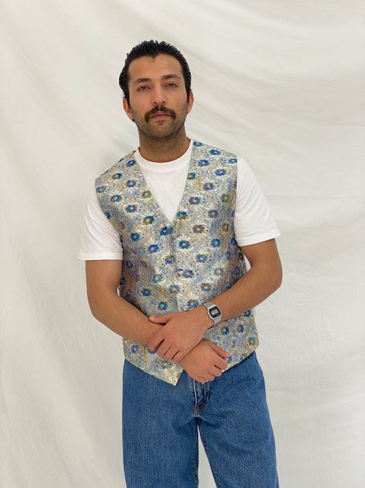 Vintage Anne Surkamp-Kramer Floral Vest Silver Blue Metallic Waistcoat Vest - M