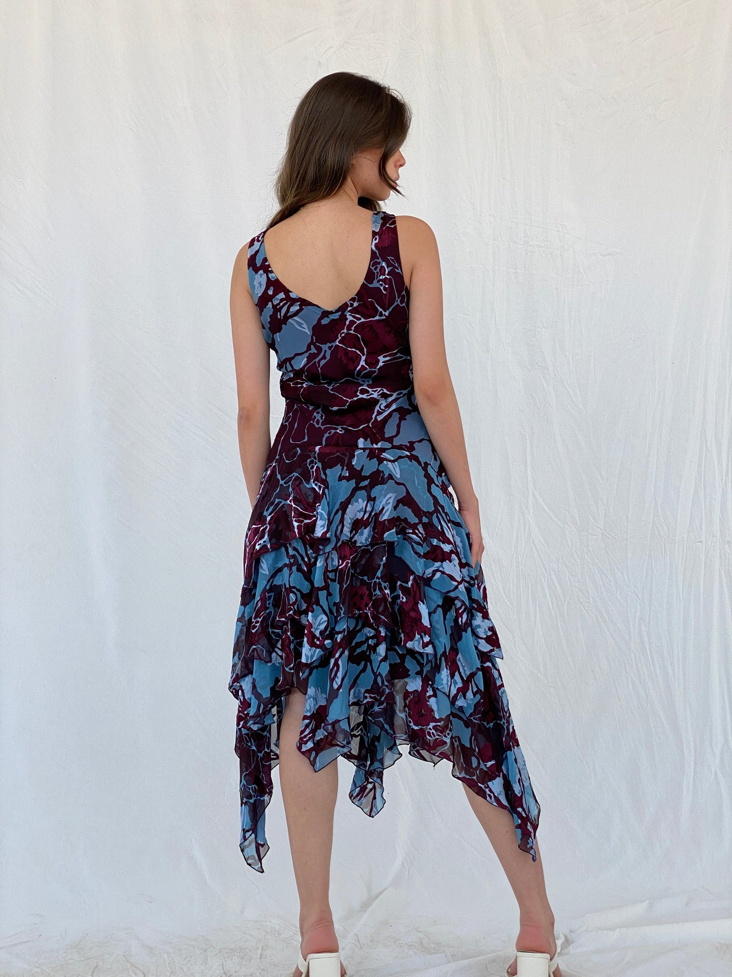 Vintage 90s Jeff Gallano Paris Layered Maroon and Blue Silk Dress - M
