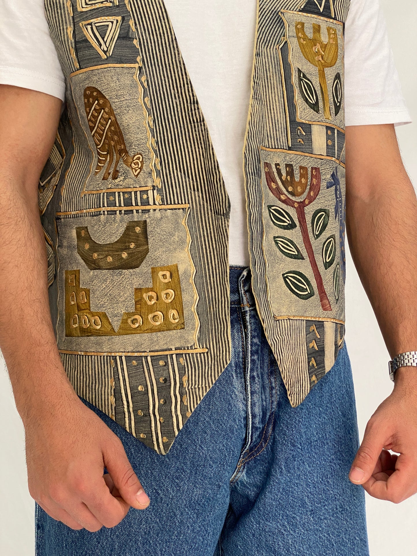 Vintage Africa Cloth Tribal Print Cotton Vest Beige Grey African Art Tapestry Vest - XL
