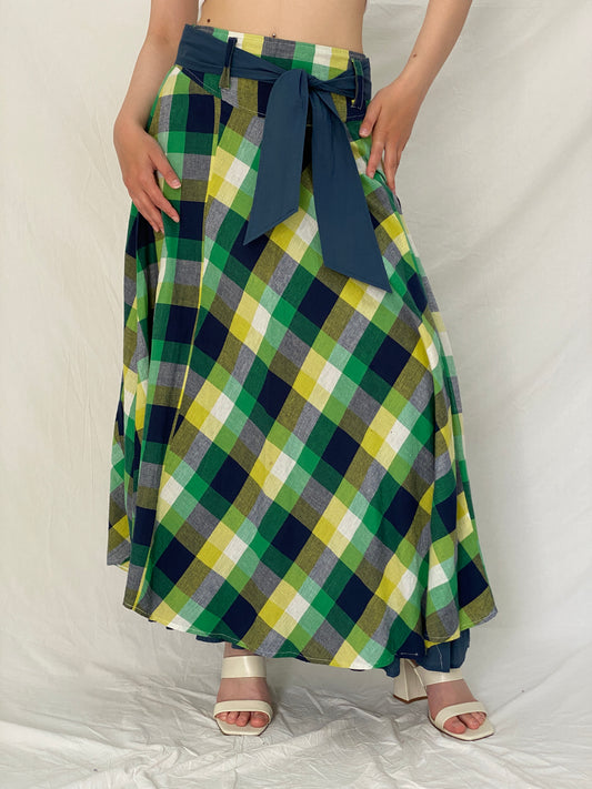 Vintage Passion Green Yellow Plaid Cotton Cottage Core Maxi Skirt - M