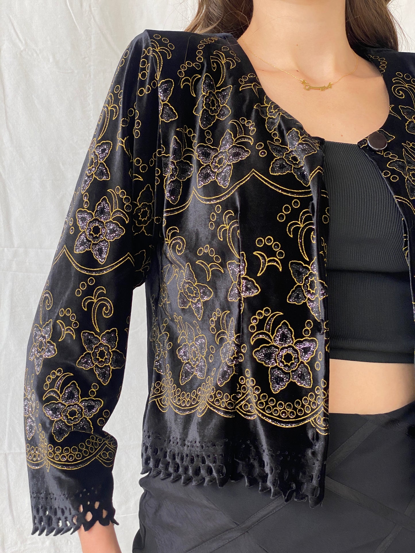 Vintage 80s/90s Black Velvet Button Front Cardigan With Gold Floral Details - M