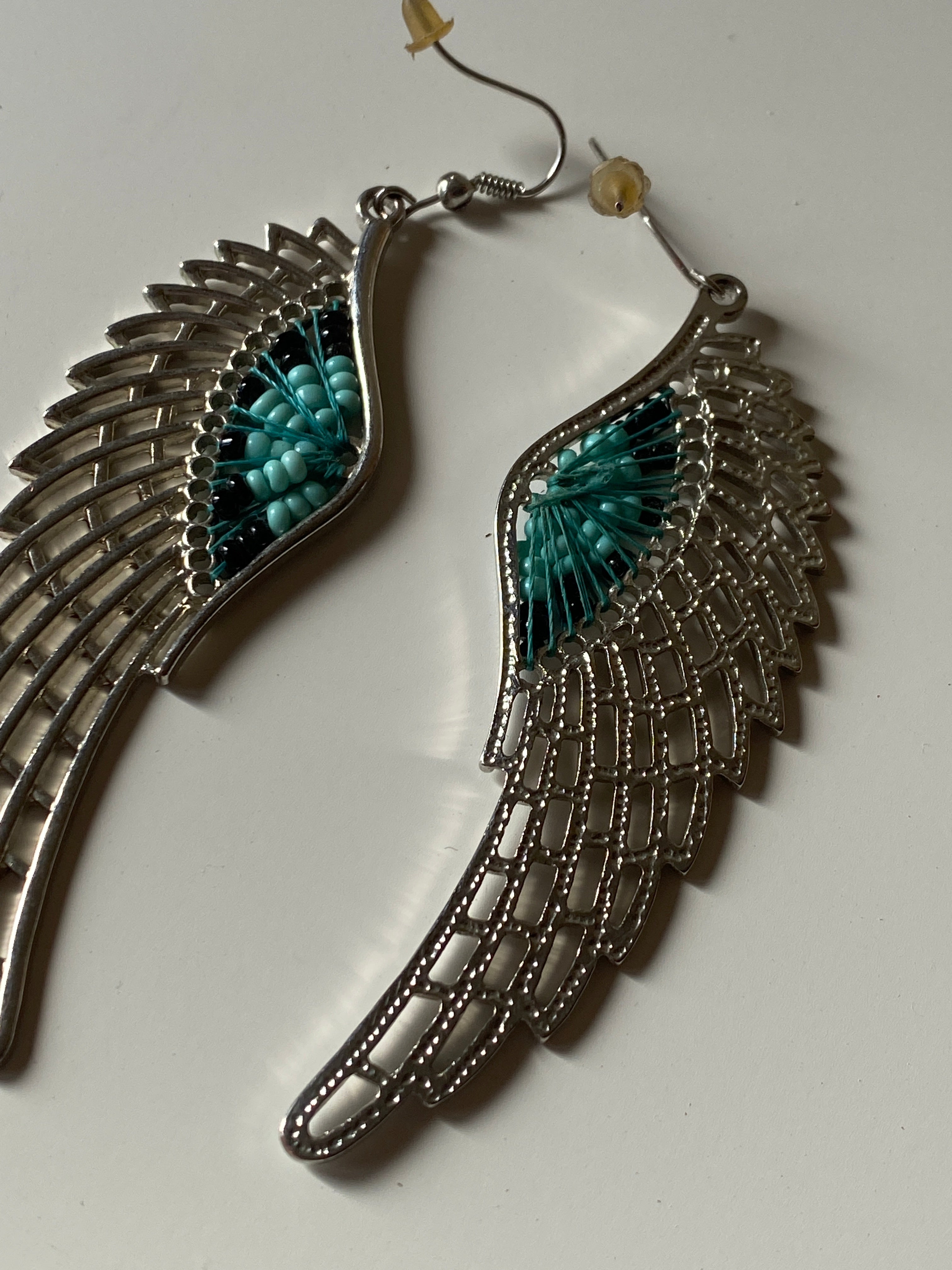Vintage Silver Tone Angel Wing Turquoise Bead Inlay Boho Dangle Earrings