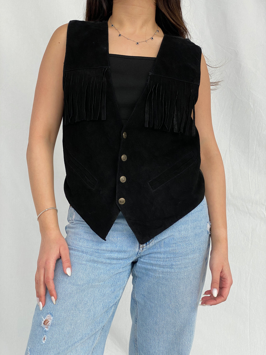 Vintage Copy Richt Concept Cowgirl Black Suede Fringed Women’s Boho Western Vest - M