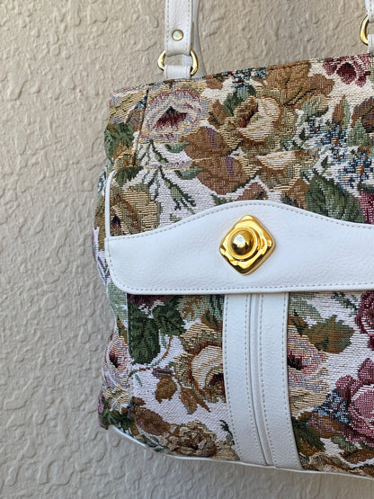 Vintage Floral Tapestry White Faux Leather Trim & Gold-Tone Clasp Coquette Shoulder Bag
