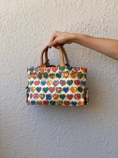 Vintage Dooney & Bourke Crayon Hearts Leather Tassel Satchel