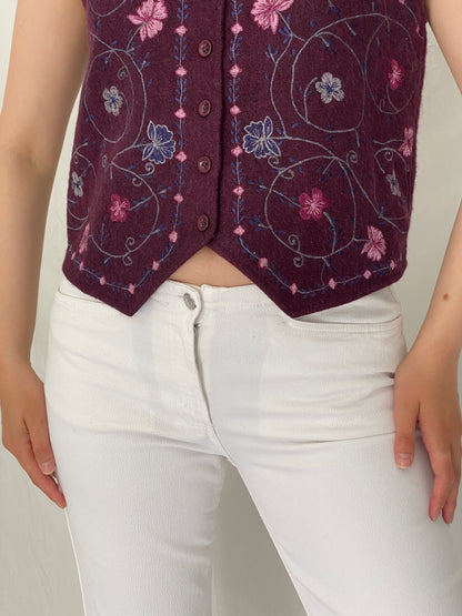 Vintage Y2K NorthCrest Embroidered Floral Wool Blend Vest Boho Cottagecore Button Front Vest – S