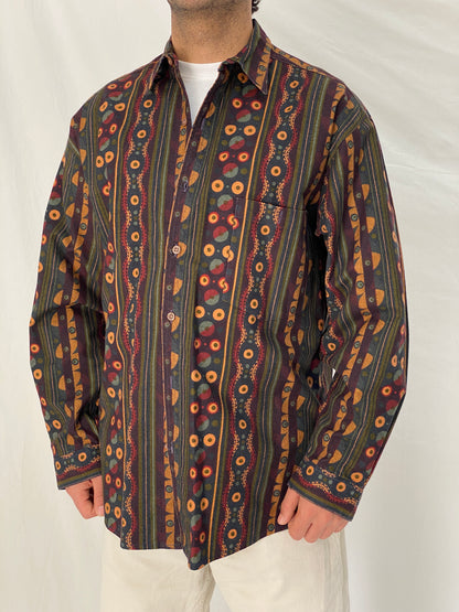 Vintage 90s Mekay Geometric Tribal Stripe Button Up Shirt Abstract Long Sleeve Oversized Fit - L
