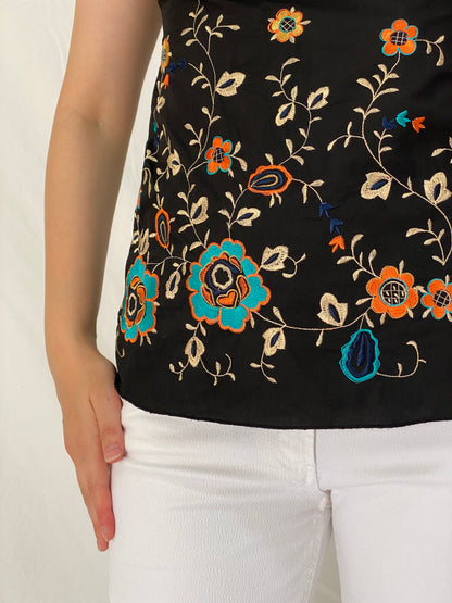 Y2K Black Floral Embroidered Cotton Cami Top – S