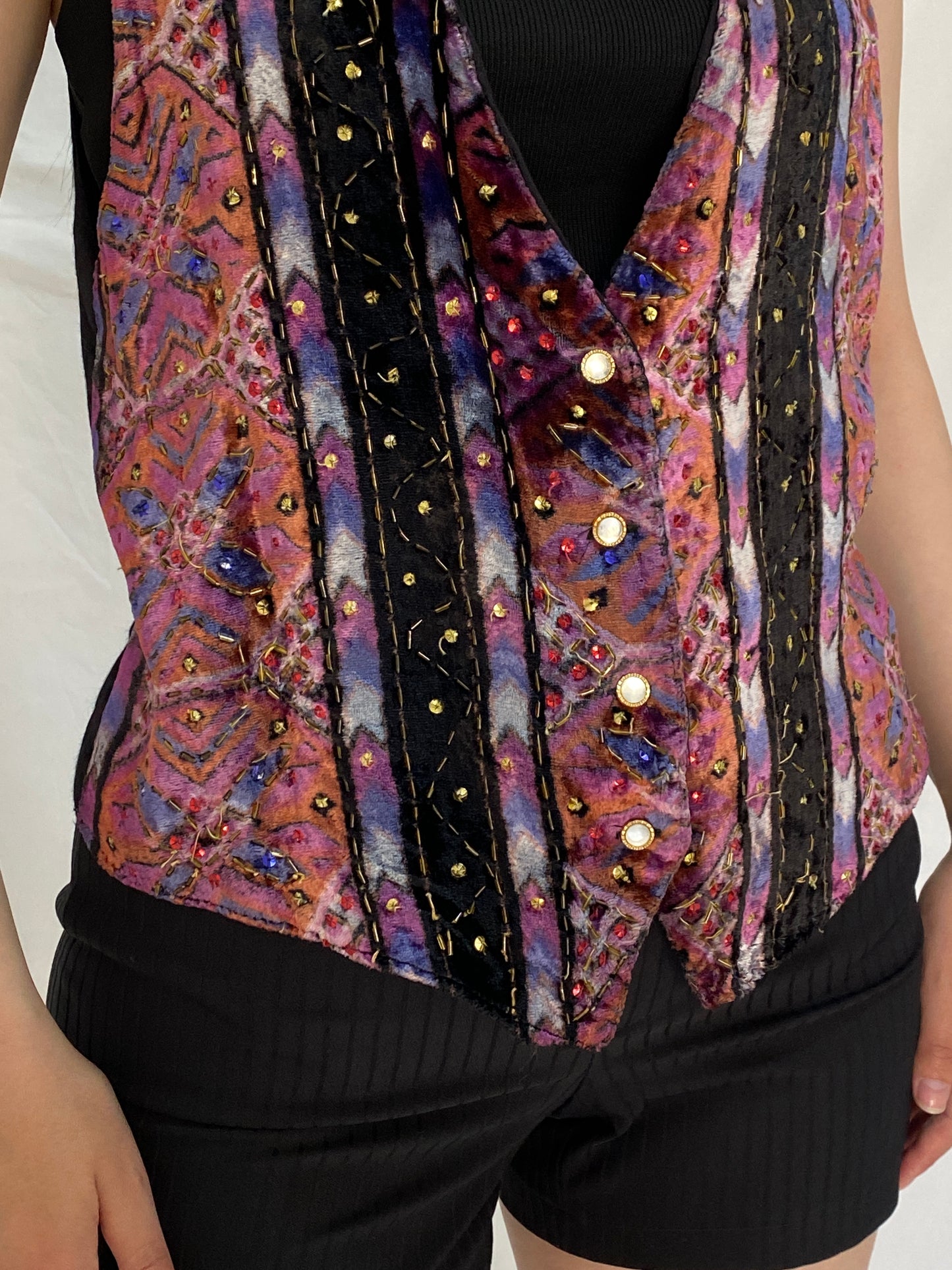 Vintage 90s Jane Ashley Beaded Velvet Boho Purple Multicolor Vest – L