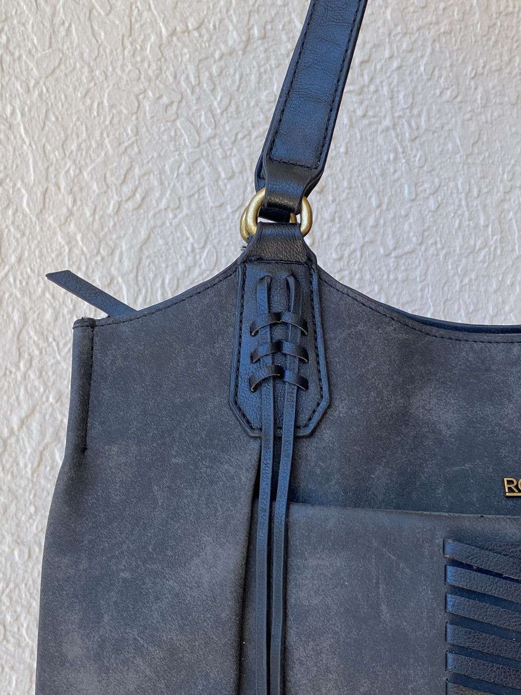 Rosetti Stella Dark Gray Distressed Leather Purse Large Tassel Hobo Shoulder Bag