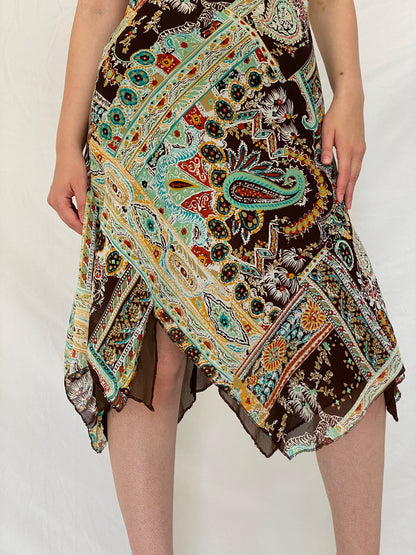 Vintage Y2K La City Brown Paisley Handkerchief Hem Slip Dress - S