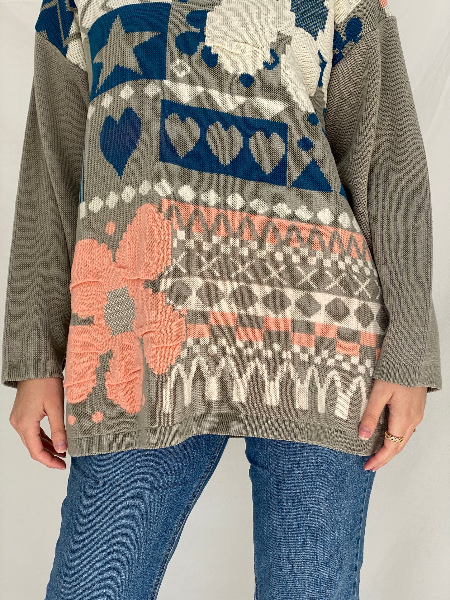 Vintage 90s Elegance EF Gray Knit Floral & Geometric Motifs Sweater - L