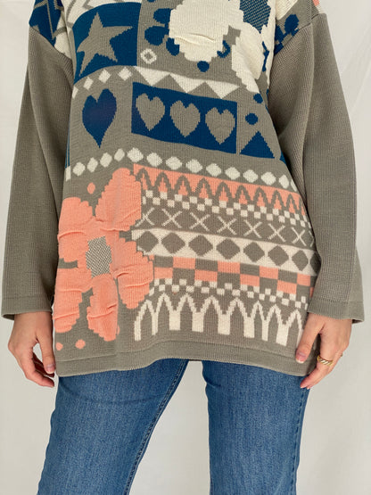 Vintage 90s Elegance EF Gray Knit Floral & Geometric Motifs Sweater - L