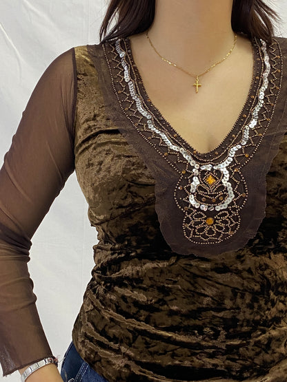 Vintage Brown Beaded Velvet Whimsy Top with Mesh Sleeves – S