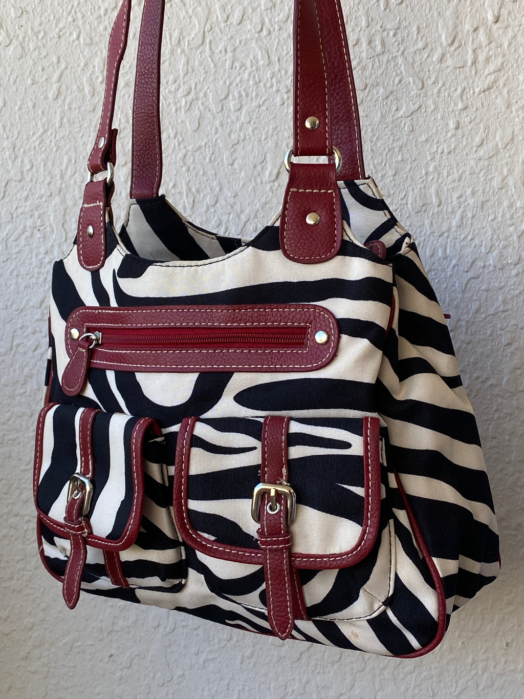 Vintage Y2K Zebra Print Black White Shoulder Bag Canvas with Faux Leather Red Detailing Purse