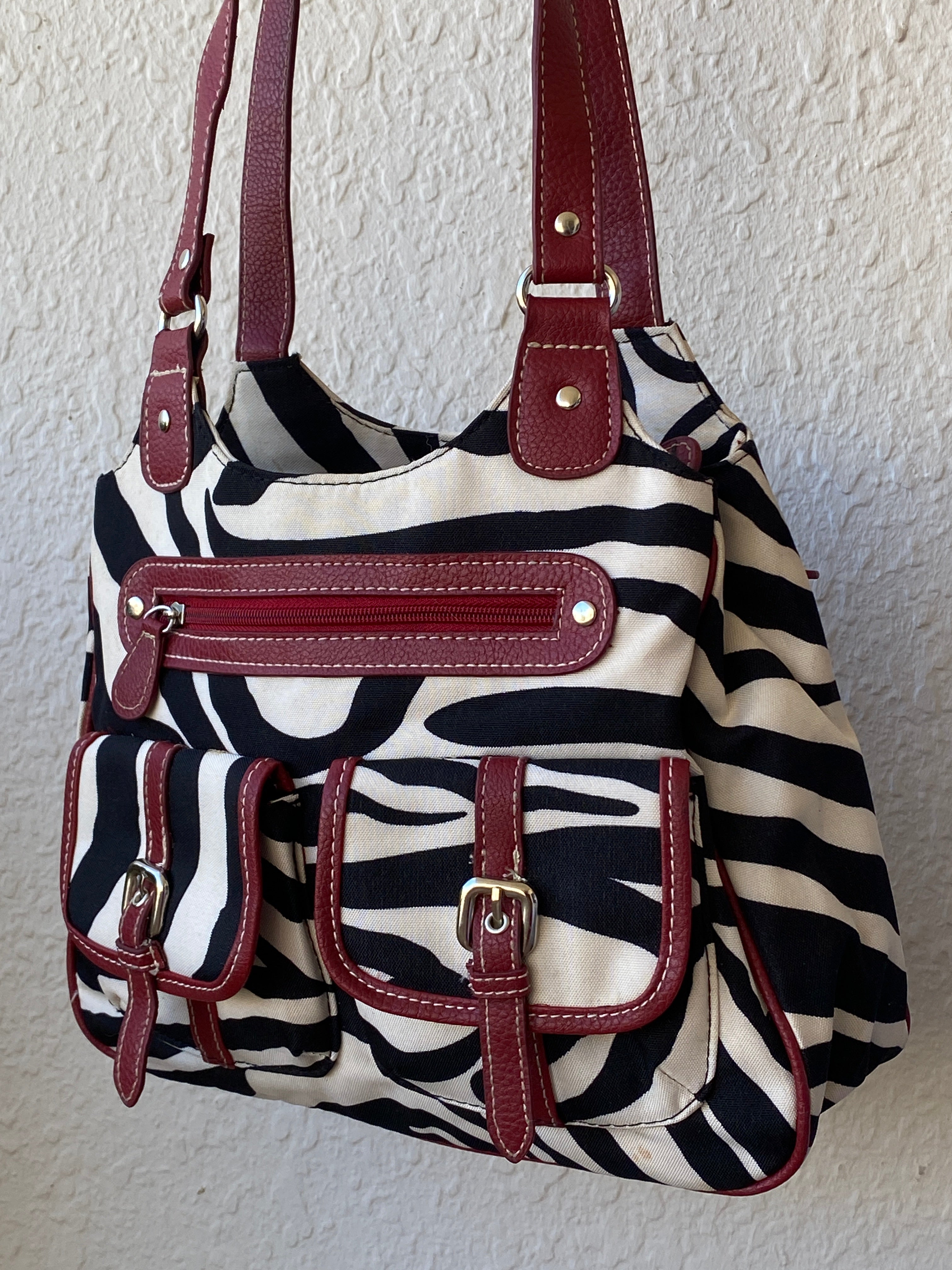 Vintage Y2K Zebra Print Black White Shoulder Bag Canvas with Faux Leather Red Detailing Purse