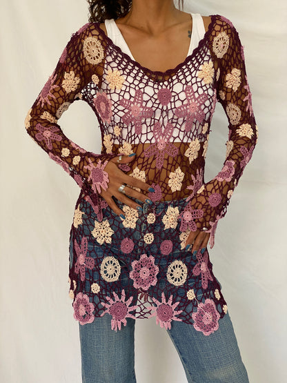 Y2K Floral Crochet Cover-Up Purple & Pink Festival Top – Free Size